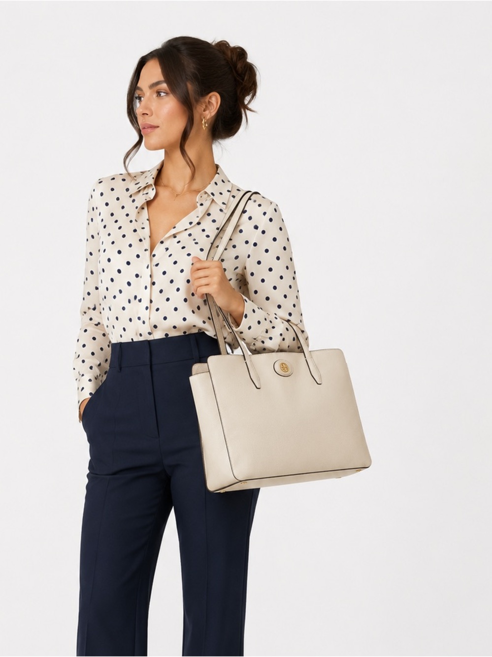 Tory Burch Ivory Pebbled Leather Large Tote Shoulder Bag Gold Logo